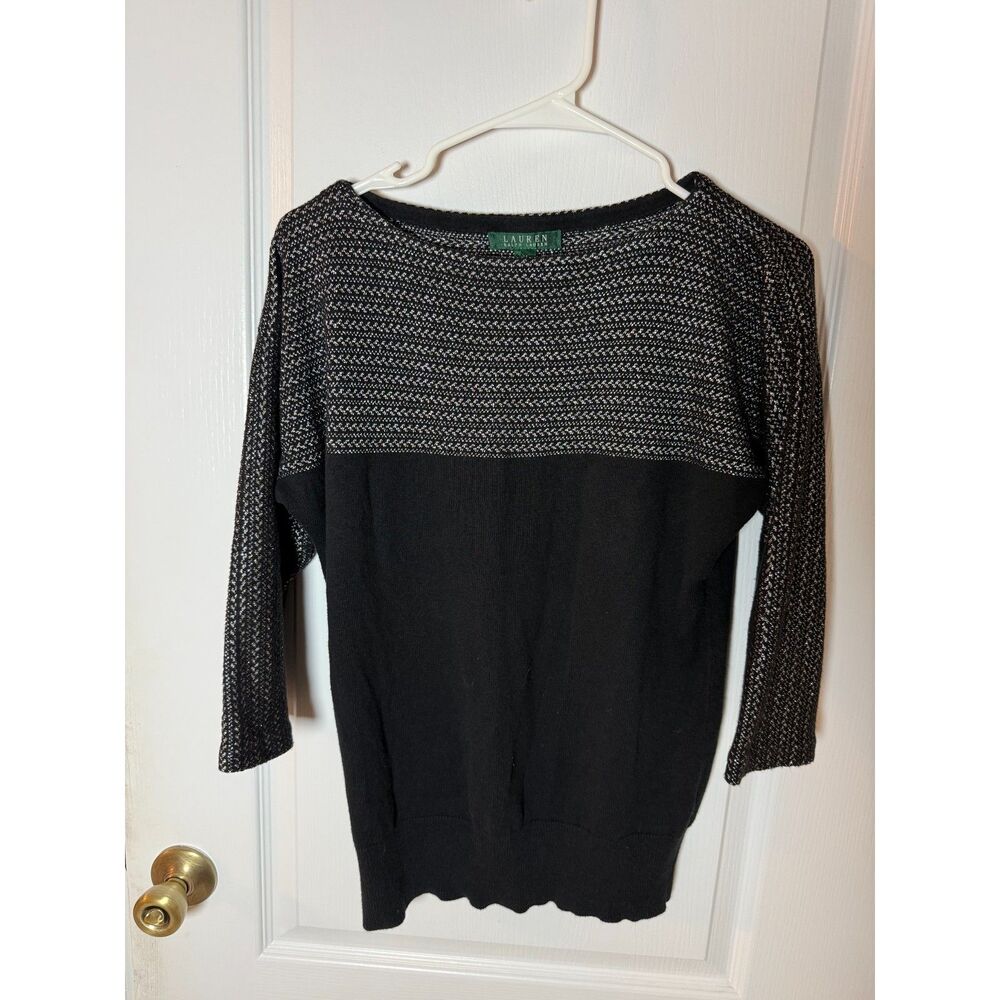 Lauren Ralph Lauren Black Silver Knit 3/4 Sleeve Sweater Women’s Classic Preppy